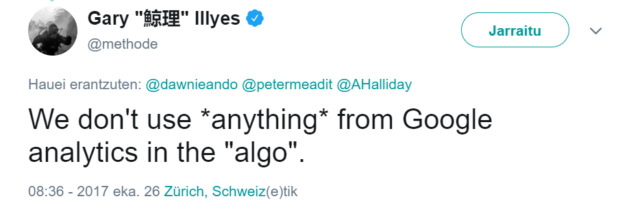 Gary IIIyes'in tweeti: "Algoritmada Google Analytics'ten *hiçbir* şey kullanmıyoruz."